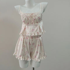 Floral Bow Satin Crop Top And Shorts Sleepwear Set