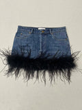 Spliced Feather Hem Denim Pocket Mini Skirt 