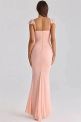 Pink Ruffle Sleeve Bodycon Sweetheart Neck Maxi Dress
