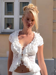White Lace Ruffle Tie Up Short Sleeve Top