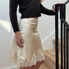 Lace Trim Satin Bodycon Midi Slip Skirt