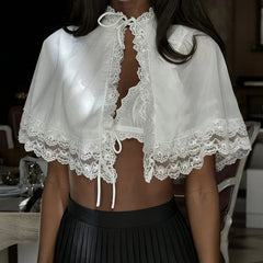 Lace  Ruffle Two Layer Scalloped Edge Tie Front Shrug Top
