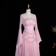 Cape Sleeve Chiffon Tiered Petals Sequined Pearl Embellished Gown