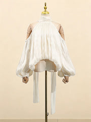 Stand Collar  Off The Shoulder Cut Ribion Blouse