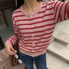 Pink Striped Knit Buttoned Cardigan