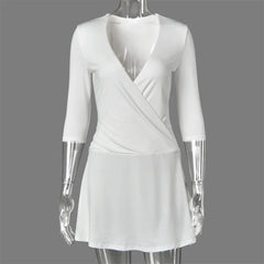 Solid  3/4 Sleeve Waist Tie V-Neck Wrap Mini Dress