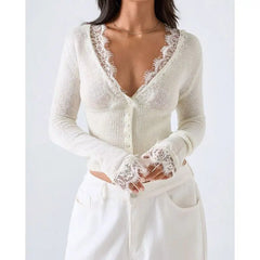 White Lace Trim Long Sleeve Button Down Knit Top