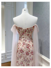 Pink Floral Off-the-Shoulder Mesh Drape Midi Dress