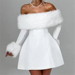 Off Shoulder Fur Trim A Line Mini Dress