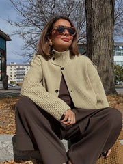 Turtleneck Knitted Stripe Textured Short Cardigan