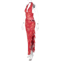 Red Printed Mesh Halter Deep Neck Cut Out Maxi Dress