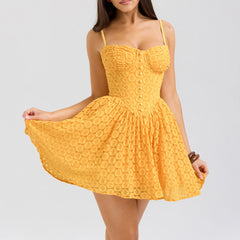 Yellow Strap Jacquard Lace Mini Dress