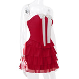 Strapless Large Bow Applique Corset Top And Frill Mini Skirt Set