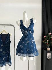Blue Celestial Print V-Neck Dress