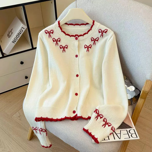 Jacquard Bow Round Neck Knitted Cardigan