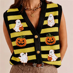 Halloween Ghost Pumpkin Patch Embroidery Knit Vest