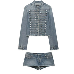 Denim Embroidered Button Jacket And Micro Shorts Set