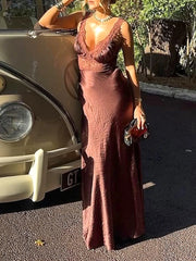 Brown Lace Patchwork Satin Strap Maxi Dress