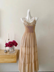 Khaki Sequin Bling Strappy Sheer Smocked Maxi Dress