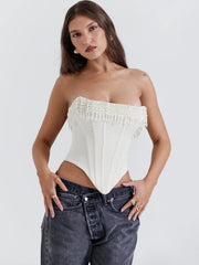 White Satin Pearl Tassel Corset Top - Free From Label