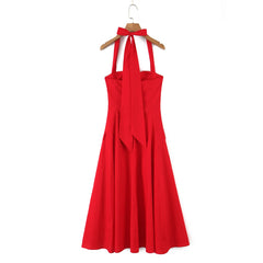 Red Button Bow Halter Midi Dress