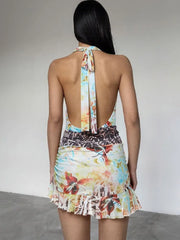 Halter Colourful Printed Low Neck Backless Ruffle Mini Dress