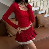 Red Long Sleeve Top And Pleated Mini Skirt Set