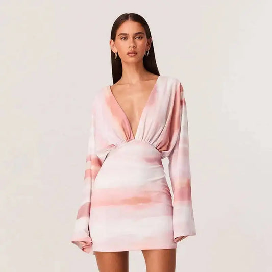 Deep V-neck Long Sleeve Mini Dress