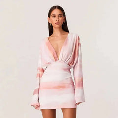 Deep V-neck Long Sleeve Mini Dress