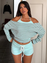 Blue Striped 3 Piece Halter Cami Top And Long Sleeve Overall And Shorts Set