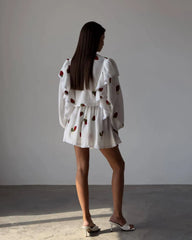 White Printed Ruffle Long Sleeve Shirt And Shorts Set