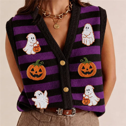 Halloween Ghost Pumpkin Patch Embroidery Knit Vest