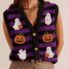 Halloween Ghost Pumpkin Patch Embroidery Knit Vest