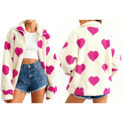 Heart Print Fuzzy Fleece Zip Up Jacket