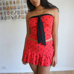 Red Polka Dot Strapless Bow Tube Top And Pleated Mini Skirt Set
