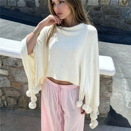 Tassel Knit Poncho Cape