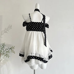 White Frill Black Polka Dot Patchwork Mini Dress