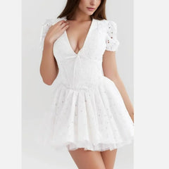 White Doily Embroidery V-Neck Short Sleeve Mini Dress