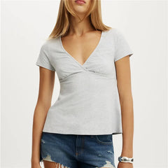Solid V-Neck Short Sleeve Back Tie Up Top