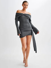 Off-shoulder Knit Mini  Long Sleeve Draped Dress