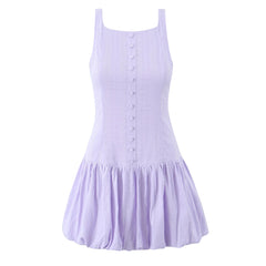 Buttoned Puff Ruched Mini Dress