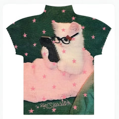 Star Cat Print High Collar Short Sleeve Top