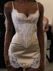 Satin Lace Patchwork V-Neck Top And Mini Skirt Set