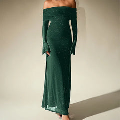 Off-Shoulder Flared Long Sleeve Sequined Maxi Dress
