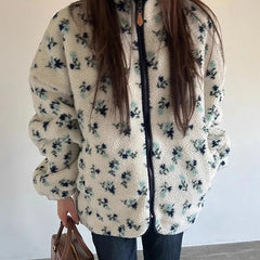 Fur Floral Print Zipper Jacket Free From Label