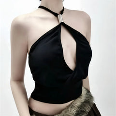 Black halter top with a large metal clasp on a white background