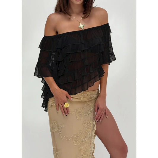 Ruffle Layered Sheer Poncho Cover-up Top