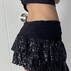 Black Sequins Tiered Layered Mini Skirt