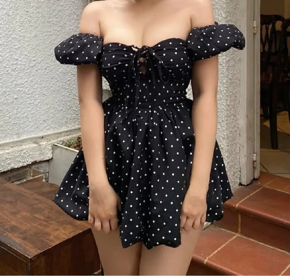 black polka dot corset dress Puff Sleeve Style Mini – Free From Label date nights Classic A-line Mini Dress 15/07/24 Type:Belt C