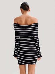 Striped Long Sleeve Knitwear Open-Shoulder Short Dresses